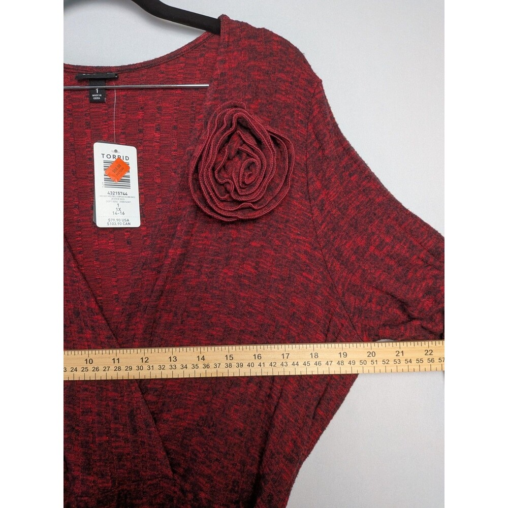Torrid Midi Surplice Dress Size 1x 14-16 Red Knit Fabric Ribbed V Neckline Wrap - Picture 9 of 13